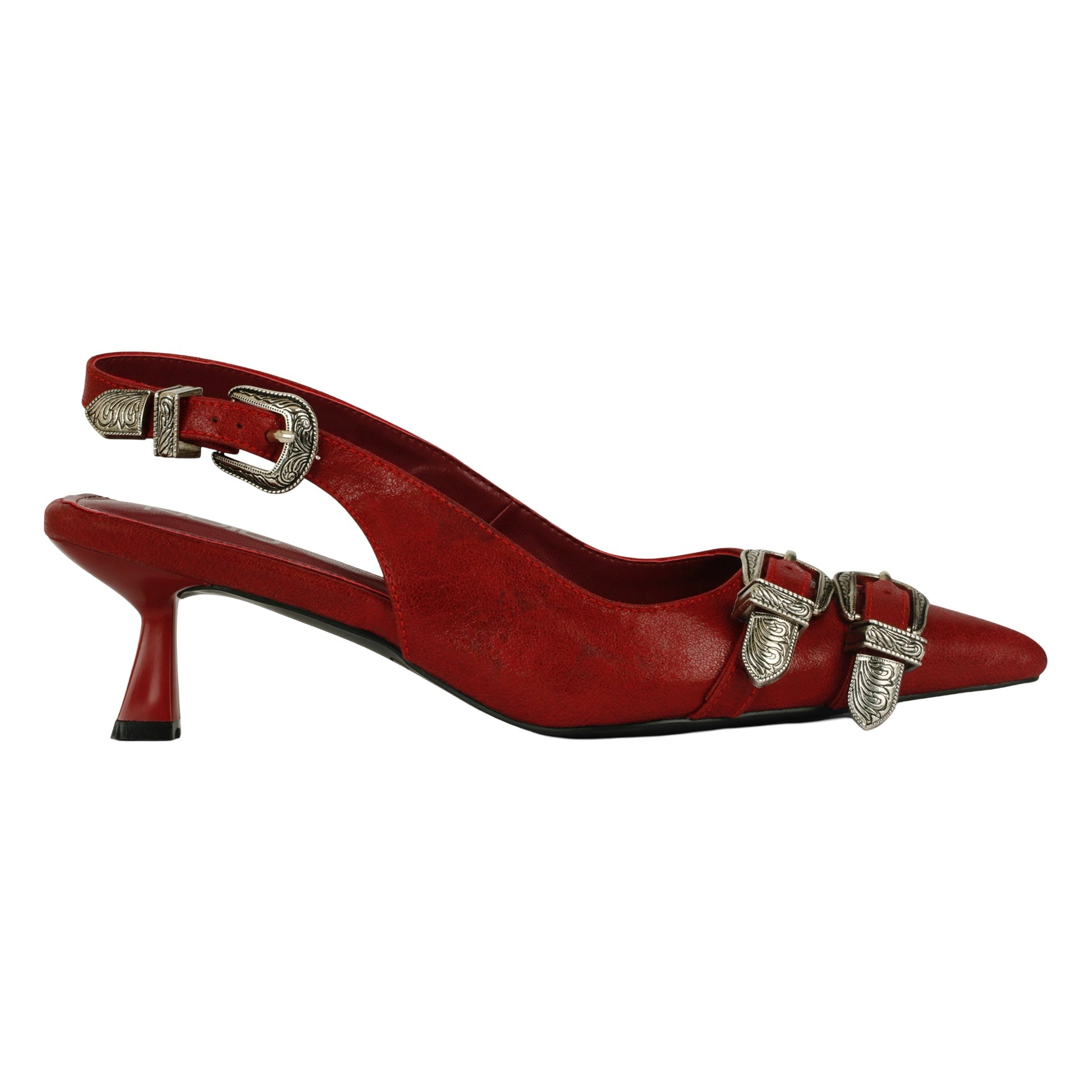 LATCHED KITTEN HEEL IN SCARLET